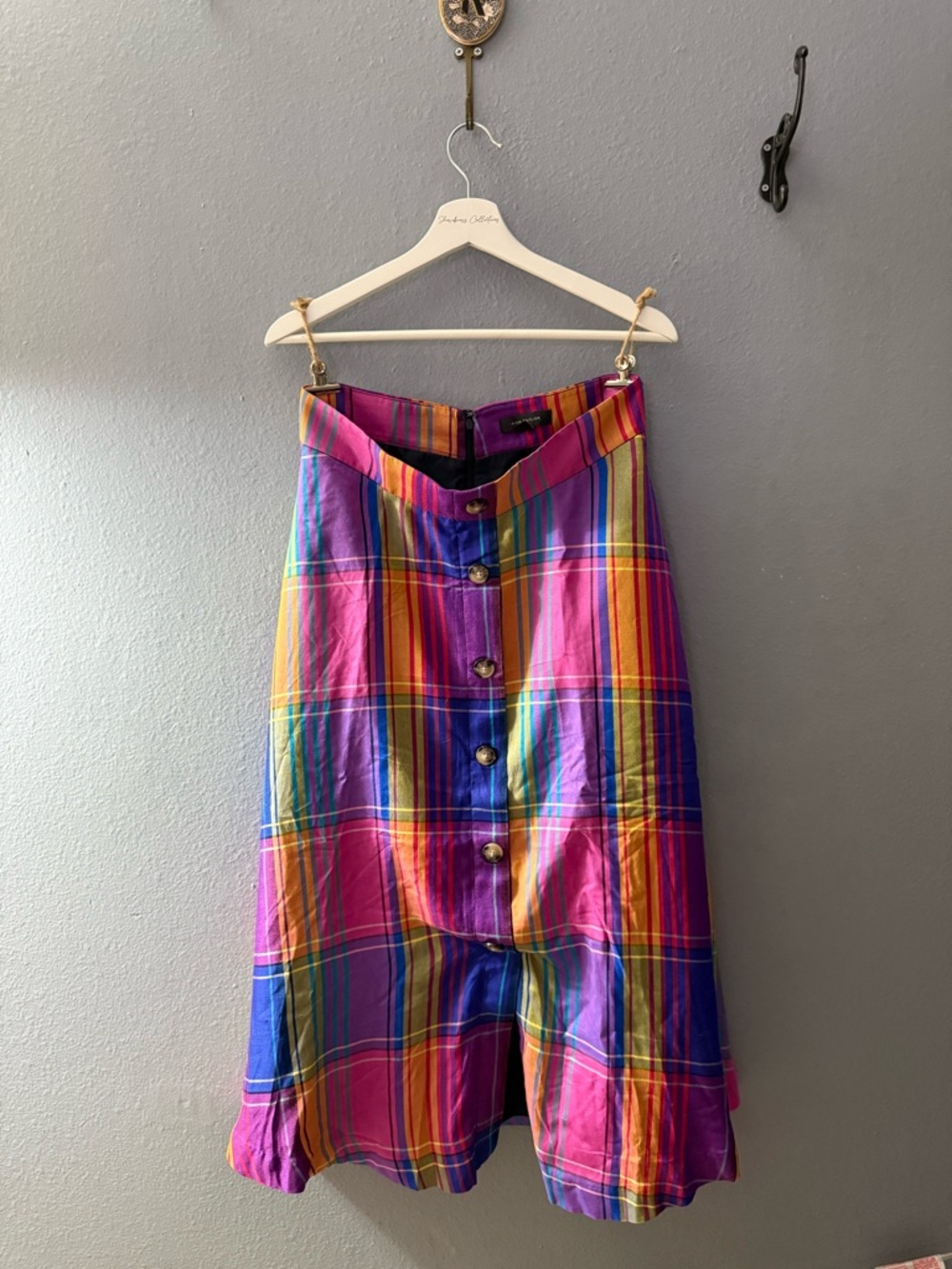 Ann Taylor Multicolor Plaid Midi Skirt in Pink, Purple & Yellow
